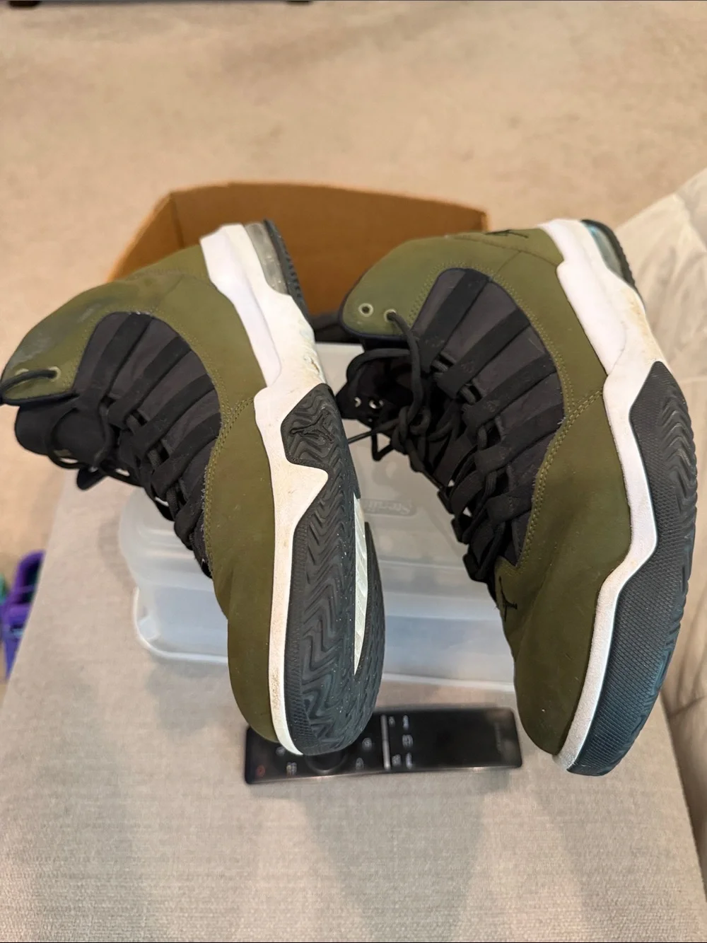 Jordan Max Aura Green Camo and Black High-Top Basketball Sneakers
